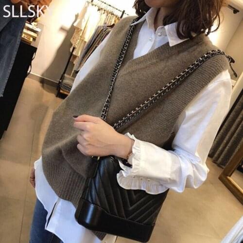 Sllsky Slit Women Sweater Vest 2020 Autumn Vintage V-Neck Sleeveless Pullover Core-spun Soft Knitted Casual Female Sweater Vest