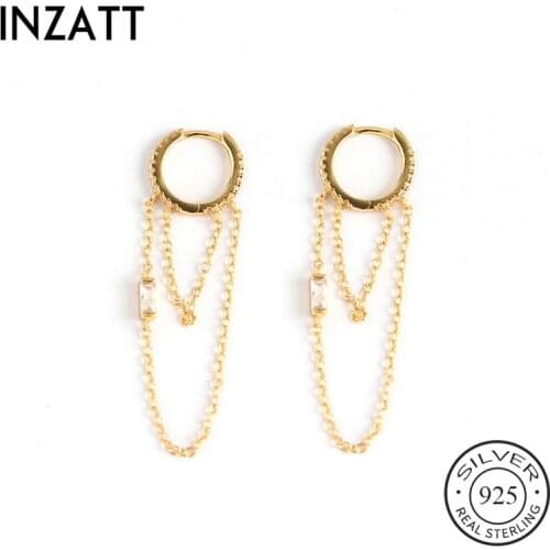 INZATT Real 925 Sterling Silver Zircon Round Chain Tassel Hoop Earrings For Fashion Women Party Cute Fine Jewelry Accessories