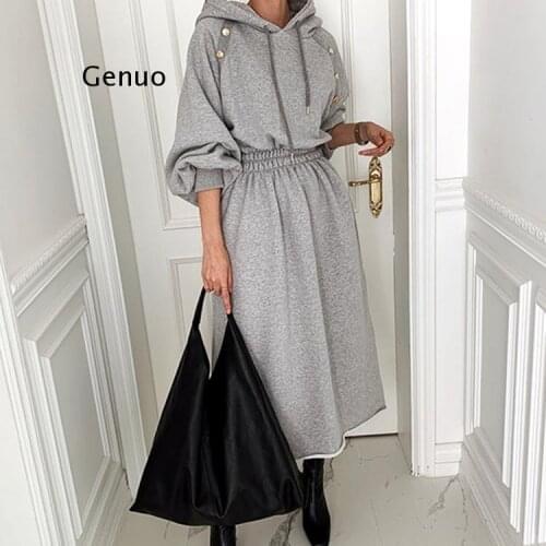 Autumn Winter Women Dresses High Waist Oversize Hooded Minimalist Elegant Wild Warm Lady Long Dress