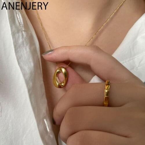 ANENJERY 925 Sterling Silver Golden Hollow Oval Pendant Necklace for Women Simple Temperament Choker Niche Design Jewelry