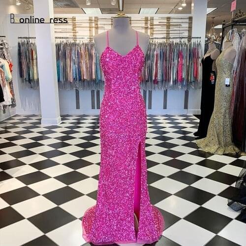 Fuchsia Prom Dresses Sparkly Sequined Mermaid Prom Dress Spaghetti Strap Split Long Formal Party Gowns vestido-de-festa