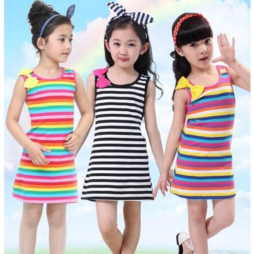 2016 Hot & New Girls Bow dress Children Dress Rainbow Color Stripe Sleeveless Children Girls Dresses