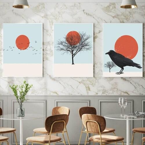 Abstract Poster Desert Crow Sun Sunset Minimalism Mysterious Emptiness Tree Sunset Bird Flock Flying Canvas Painting Home Decor