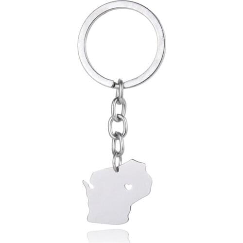 Elfin Wisconsin Map Key Chains WI Map Stainless Steel Bag Car Keychain Key Ring For Women Men Map Memorial Gift Jewellery