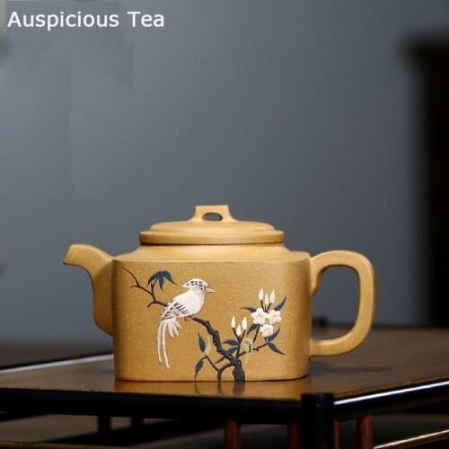 190ml Boutique Yixing Purple Clay Teapots Raw Ore Section Mud Square Tea Pot Hand Painted Flowers And Birds Zisha Filter Kettle