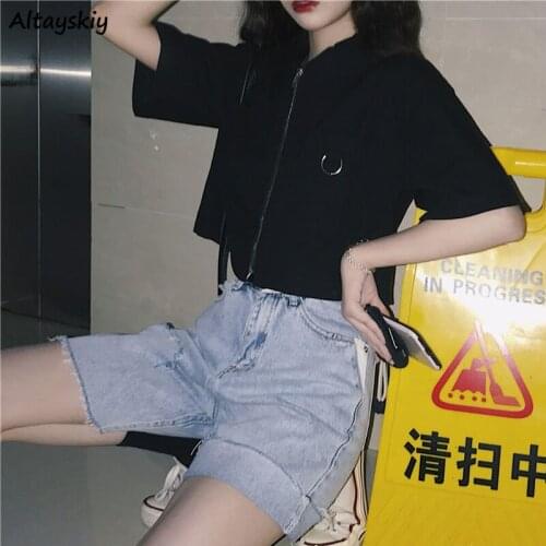 Solid T-shirts Women Pockets Japanese Style Chic Trendy Popular Leisure Turn Down Collar Harajuku Teens College Student Crop Top