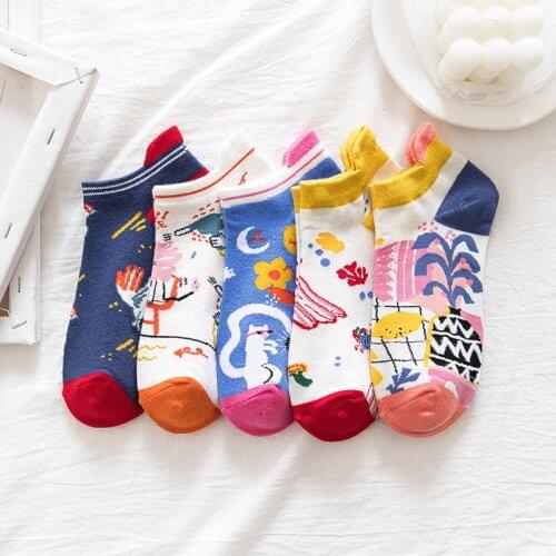 5 Pairs Set Women Socks Funny Cute Cartoon Summer Pattern Cat Print Girl Pack Color Ankle Cotton Casual Invisible Slippers Lot