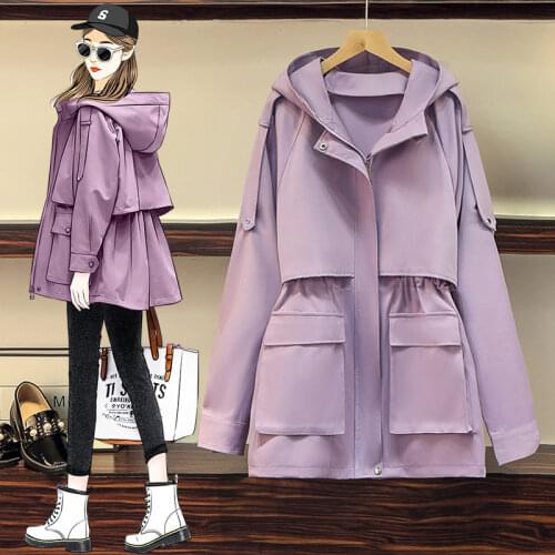 Coat Loose Mid-Length Style 2021New Spring Plus Size Womens Windbreaker Drawstring Slim Solid Color Hooded Outerwear Fall y1594