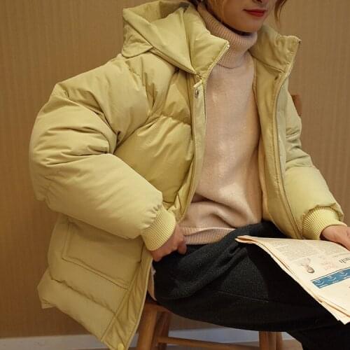 New fashion brand winter beige color hooded warm coat female fluffy bread style thicker warm down cotton coat with pockets wq778