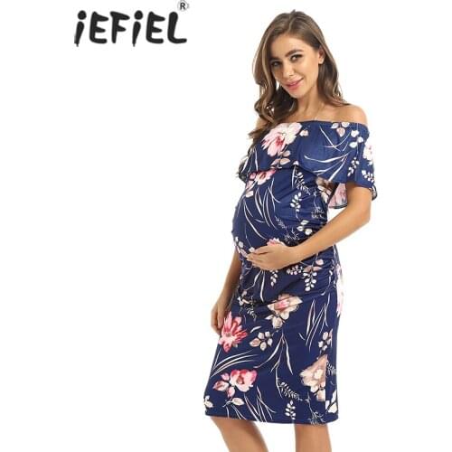 Maternity Flower Printed Dress Ruffles Off Shoulder Ruched Sides Pregnant Stretchy Bodycon Dress For Pregnancy Women Daily Life