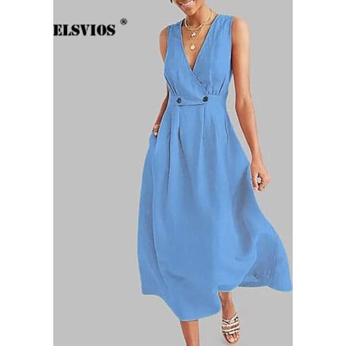 ELSVIOS 2019 Summer Sleeveless Elegant Ladies Office Dress Women Sexy Deep V-neck Midi Party Dress Solid Button Slim Beach Dress