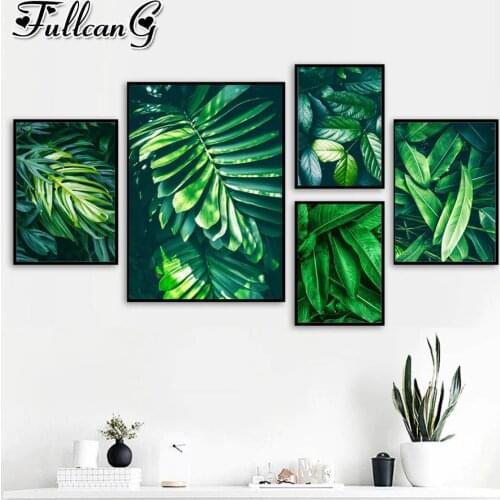 FULLCANG Green Plants Palm Monstera Big Leaf diamond painting full square drill 5d diamond embroidery living room decor FC2177