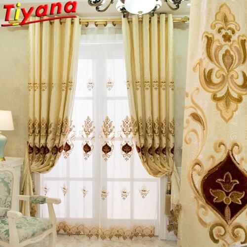 Luxurious Beige Embroidered Curtains for Living Room European Geometry All-Match Window Drapes for Bedroom Balcony X-ZH232#VT