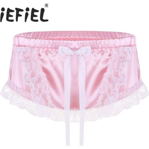 IEFiEL Sexy Mens Lingerie Floral Lace Shiny Soft Satin Ruffled Lace Cute Bowknot Briefs Underwear Triangle Panties Underpants