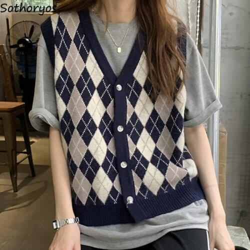 Sweater Vest Women Argyle Simple Loose Casual Classic Elegant Single Breasted Plus Size Jumpers Retro Trendy Chic College Womens