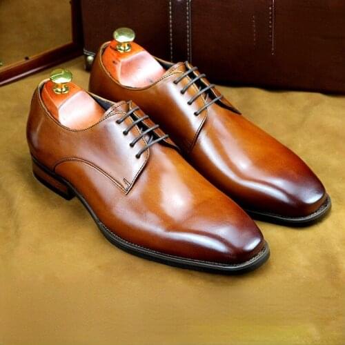 Men Italian Wingtip Genuine Leather Derby Shoes Pointed Toe Lace-Up Oxford Dress Wedding Business Mens Platform Shoes Size 44