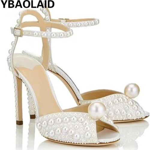 Handmade Pearl Rhinestone Stiletto Shoes New Open Toe One Word Buckle Wedding Shoes Leather Fish Mouth Fashion Sandals