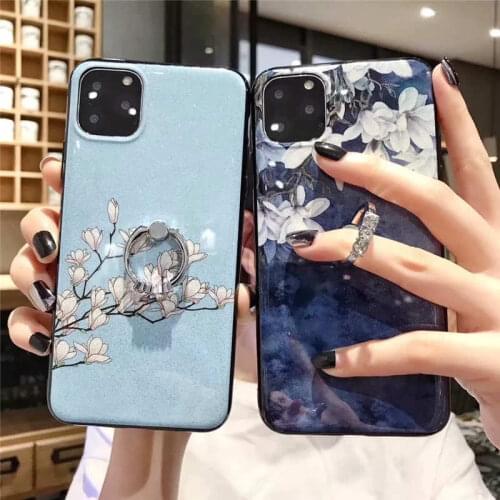 Ring Holder Stand Glitter vintage flower case For iphone 11 Pro Max Soft Silicone Cover For iphone 6 6S 7 8 Plus X XR XS Coque