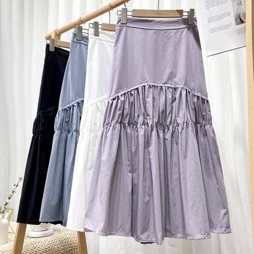Patchwork Folds Midi Skirt Women Preppy Style Solid Irregular Folds Stitching Big Swing Skirt Girls High Waist Skirt Faldas