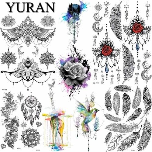 YURAN Sexy Owl Henna Boho Feather Flash Large Rose Waterproof Temporary Tattoos Arm Feather Tattoo Stickers Women Body Art Tatoo