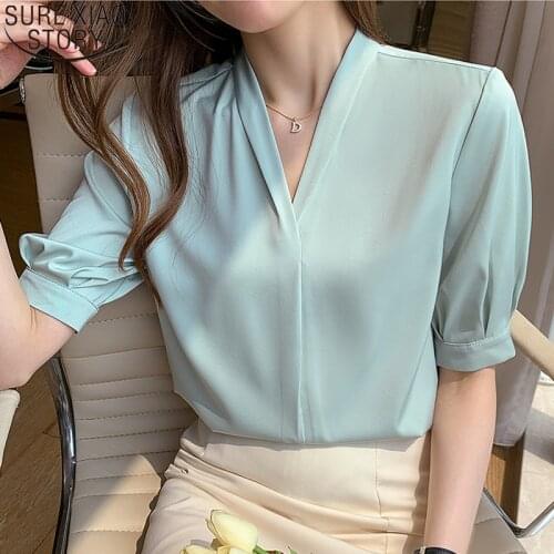 2021 Summer White Shirts New Elegant Short Sleeve Satin Blouse Women Korean Loose V-neck French Style Fashion Clothes 14344