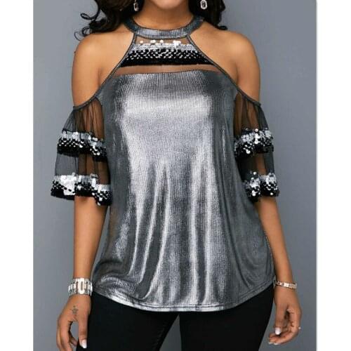 Fashion Women Blouses Tops Summer Off Shoulder Mesh Short Sleeve Sequins Ladies Shirts Clothes Vogue Female Shirts
