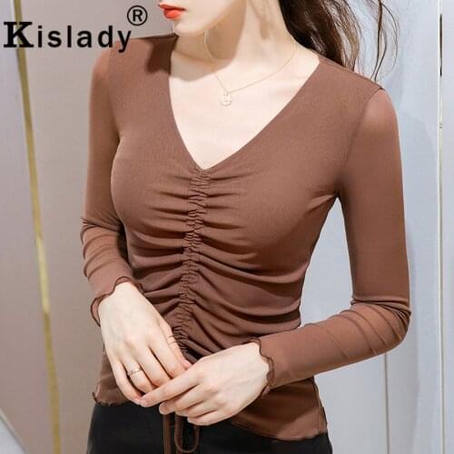 Spring Sexy Hollow Out Patchwork Gothic Women Shirt Temperament OL V-Neck Solid Shirts Korean Harajuku Fold Plus Size Clothes