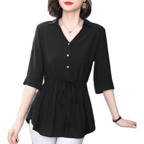 Women Spring Summer Style Chiffon Blouses Shirts Lady Casual Half Sleeve V-Neck Blouses Tops DF4137