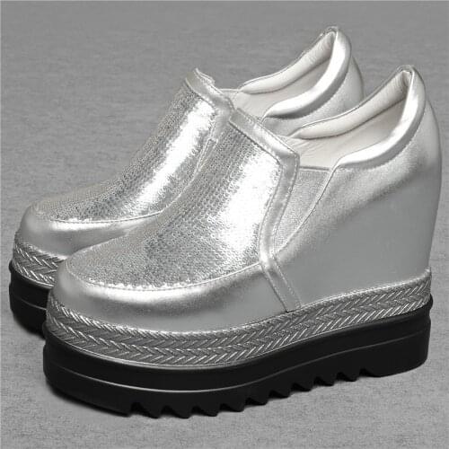 12cm High Heel Fashion Sneakers Women Genuine Leather Wedges Ankle Boots Female Shiny Glitter Chunky Platform Pumps Casual Shoes