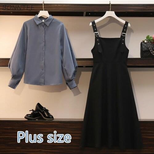 Sets Women Large Size 4XL Lovely Fashion Simple Soft Fall Korean Girls Outfits Single Breasted Blusas Suspender Ins Ladies Dress