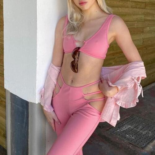 Women Top&Pants Clothes Set Solid Vest Crop Tops+Flared Trousers Fashion Street Ladies Cutout Hollow High Waist Outfits S M L