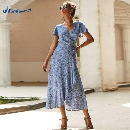 Ladies Beach Style Waist Dress Short Sleeve V-Neck Vintage Maxi Dresses Printed Bohemia Irregular Long Robes Vestidos For Women