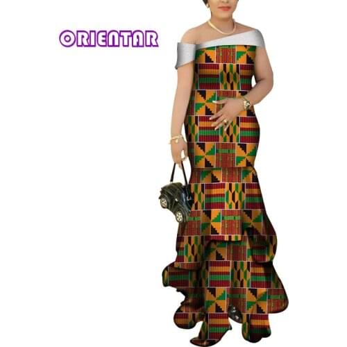 Women African Dress Off Shoulder White Lace African Print Wedding Party Long Dress Lady Bride Elegant Evening Dresses WY6546