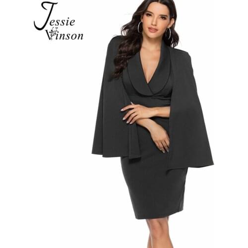 Jessie Vinson Elegant V-neck Bat-wing Sleeve Cape Bodycon Dress Women Sexy Black Party Dress Autumn Knee Length Dresses Vestidos