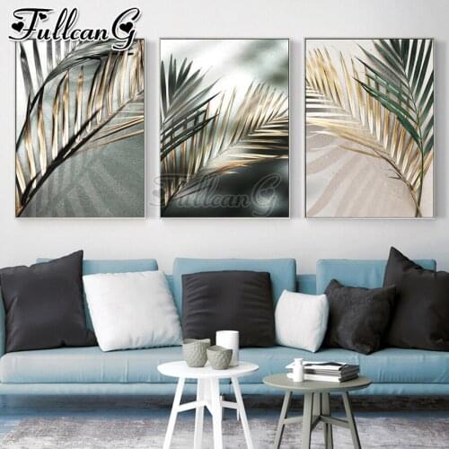 FULLCANG 5d diy diamond embroidery Golden Palm Leaf Plant diamond painting triptych full square round drill 3pcs/set FC2975