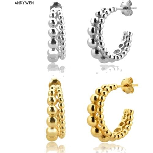 ANDYWEN 100% 925 Sterling Silver Gold 19mm Beads Two Circle Hoops Round Loop Large Piercing Large Thick Pendiente Jewelry