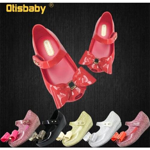 Baby Girl Fairy Elsa Rapunzel Cinderella Aurora Jelly Sandals Child Shine Gold Black Red White Wedges Bow Shoes for Children