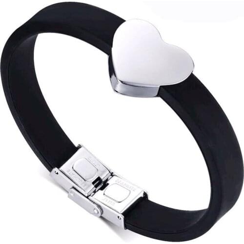 22cm Length Silicone & Stainless Steel Blank Heart Bangle/Bracelet for Man DIY Logo Fashion Jewelry