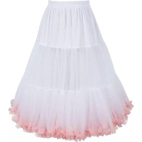 Women Lolita Candy Cloud Tulle Petticoat Contrast Color Pink Ruffles Puffy Midi Tutu Skirt Hoopless Elastic