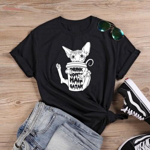 Gothic cat DRINK COFFEE, HAIL SATAN t-shirt funny unisex women graphic casual 100% Cotton tumblr hipster Fashion tee top tshirt