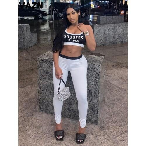 VAZN 2020 Hot Sale New Women Set Tracksuit Sleeveless Letter Long Pants Suit Two Piece Set Sport Running Lady Sets
