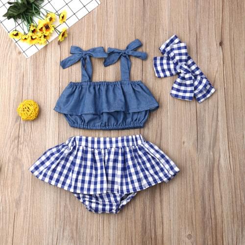 Newborn Clothes Sets Baby Girl Sling Ruffle Crop Top Girls Plaid Mini Skirt Headband 3Pcs Outfits Summer Clothing for 0-3Years