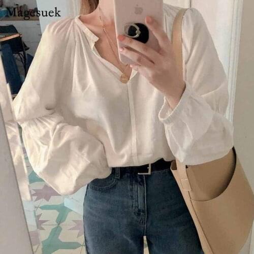 Korean Solid Color Long Sleeve Early Feminine Chic Womens Shirts Elegant V-neck Autumn Women Overalls Blouse Blusas 11191