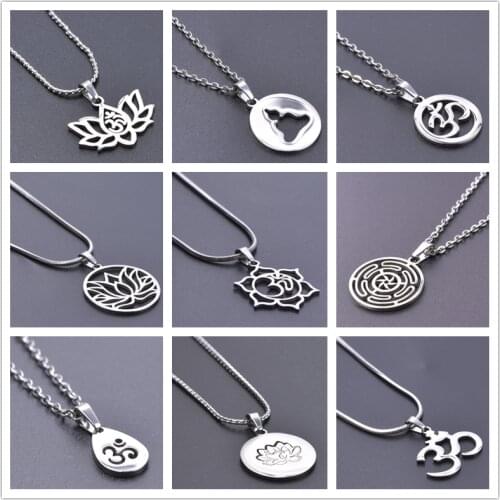 Lotus Yoga Charm Necklace Stainless Steel Jewelry OM Pendant Necklaces For Women Men Accessories Silver Color Chain Choker Gift