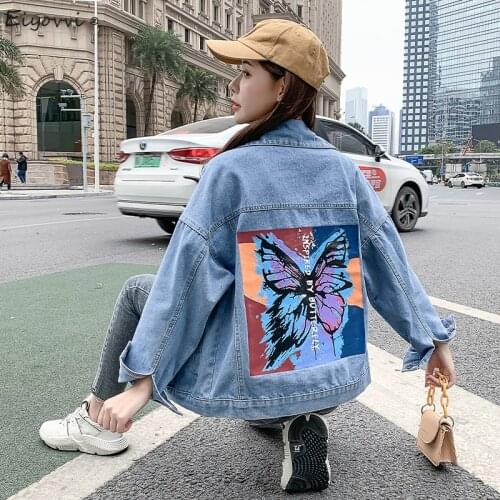 Denim Jacket Womens 2021 Spring Autumn New Korean Loose Print Embroidery Jeans Jacket Fashion Harajuku Outwear Streetwear