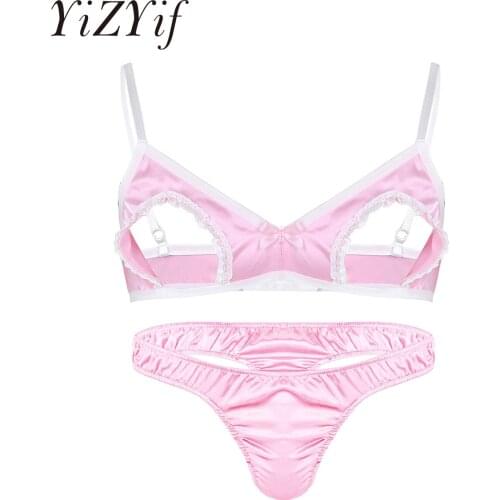 Men Male Satin Lingerie Exotic Sets Sissy Nightwear SheerHollow Out Nipples Wire-free Bra Tops with Bikini Briefs Thong Clubwear