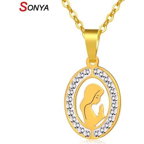 SONYA virgin mary necklace For Women Jewelry Gold/Steel color Crystal Round stainless steel Necklaces Religious Jewelry Gift