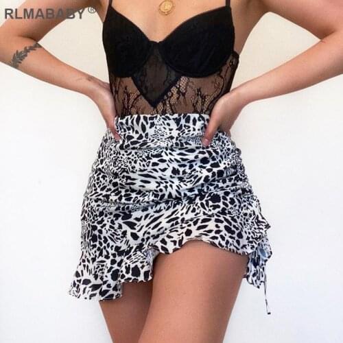 Sexy Leopard Print Drawstring Elastic Satin Mini Skirts Lace Up Ruched Ruffles Women Short Skirt Casual Street High Waist Skirt
