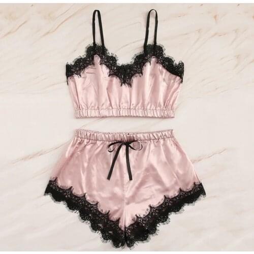 Shorts Sleepwear Set Black Lace Pure Color Deep V Neck Summer Sexy Sleeveless S-XXL Sizes Pijamas for Women Pizama Damska