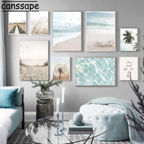 Beach Landscape Canvas Poster Seagull Art Print Reed Dandelion Painting Palm Tree Pictures Nordic Wall Posters Living Room Decor